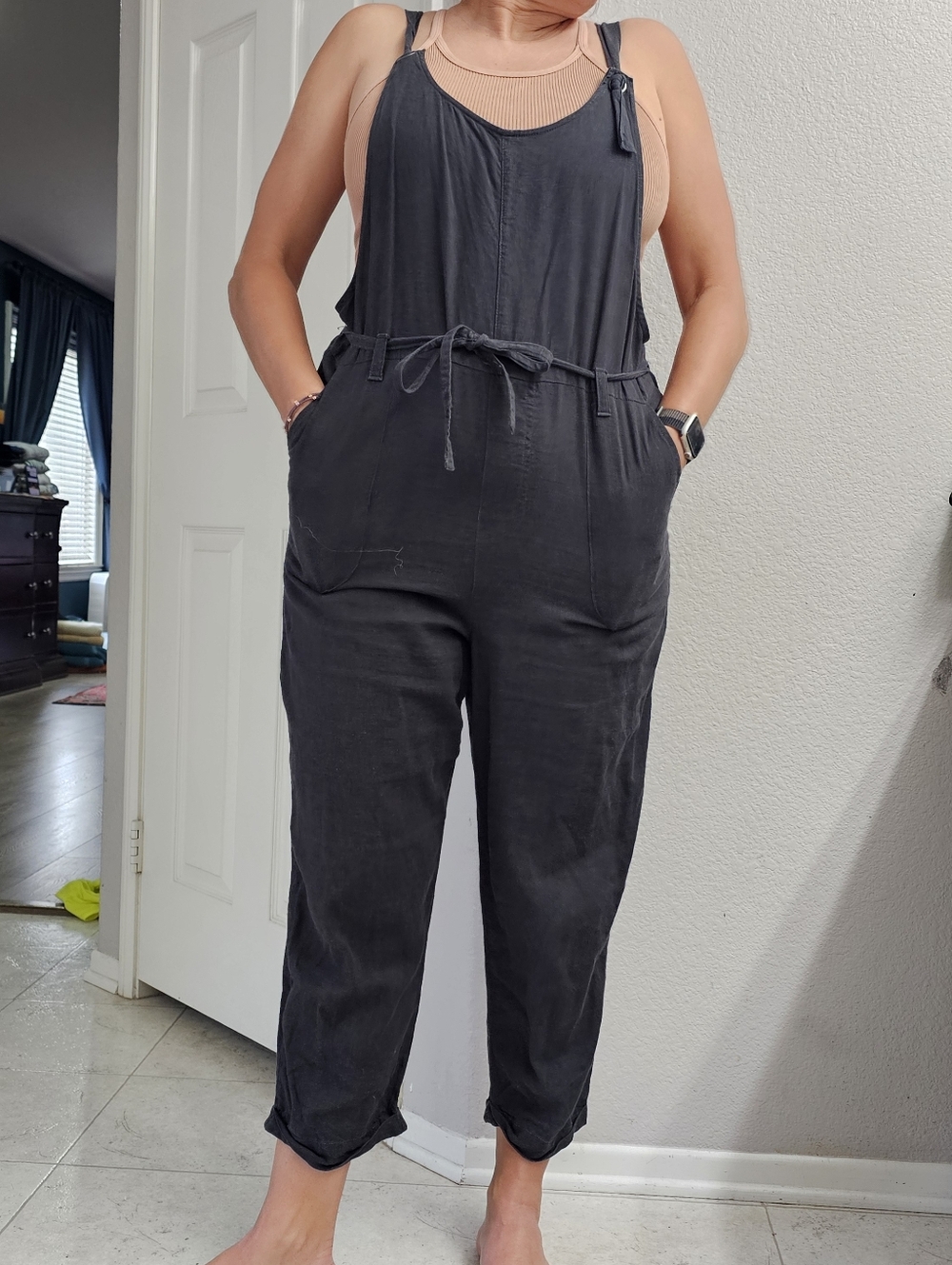 Womens Black Universal Thread Spaghetti Rope Strap Overalls Romper Small Pockets